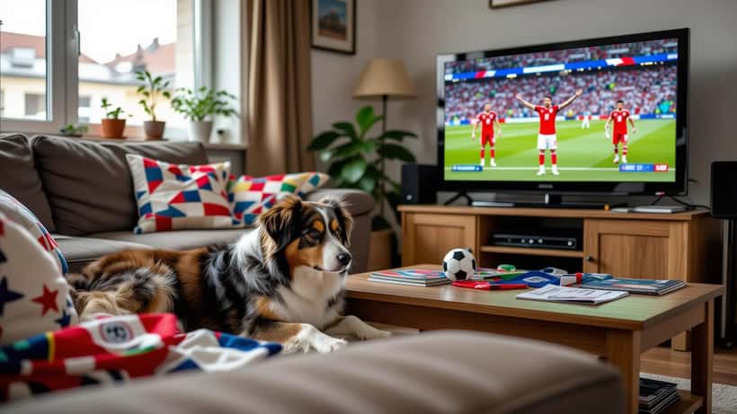 Ängstlicher Hund versteckt sich unter Couchtisch während WM-2026-Feier im österreichischen Wohnzimmer