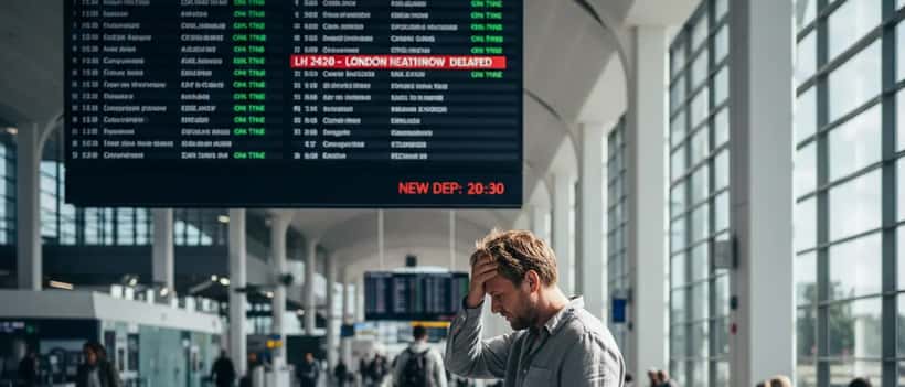Reisender mit Koffer schaut auf Anzeigetafel am Flughafen mit Verspätung