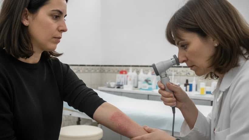 Dermatologista examina lesões de psoríase no braço de doente em consulta médica em Lisboa