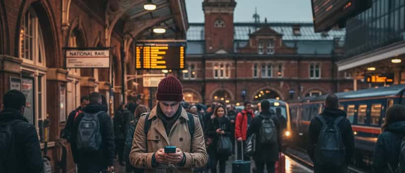 Commuter checking phone on busy UK train platform during Northern Rail delays