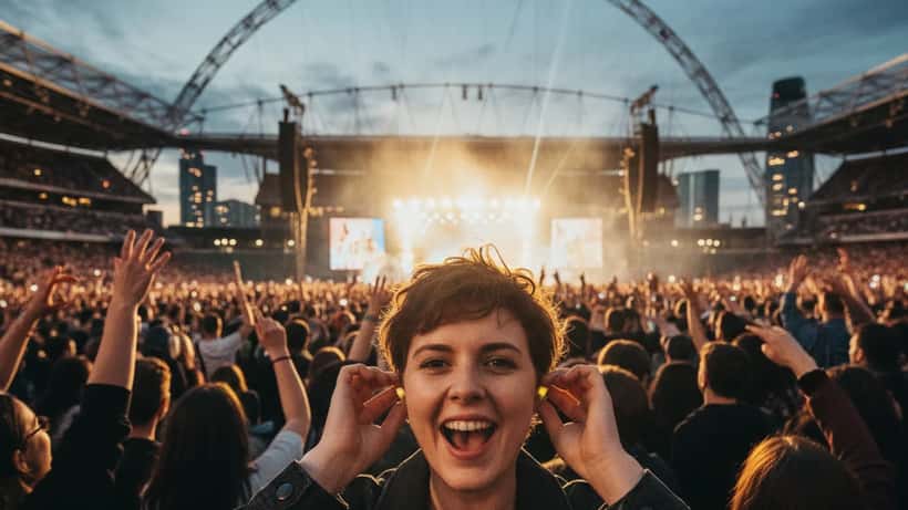 Young woman at UK stadium concert pressing earplugs in while singing along to Green Day