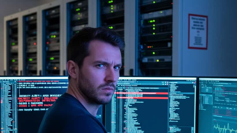 Analyste cybersécurité inspectant des dépendances npm malveillantes dans un centre serveur parisien