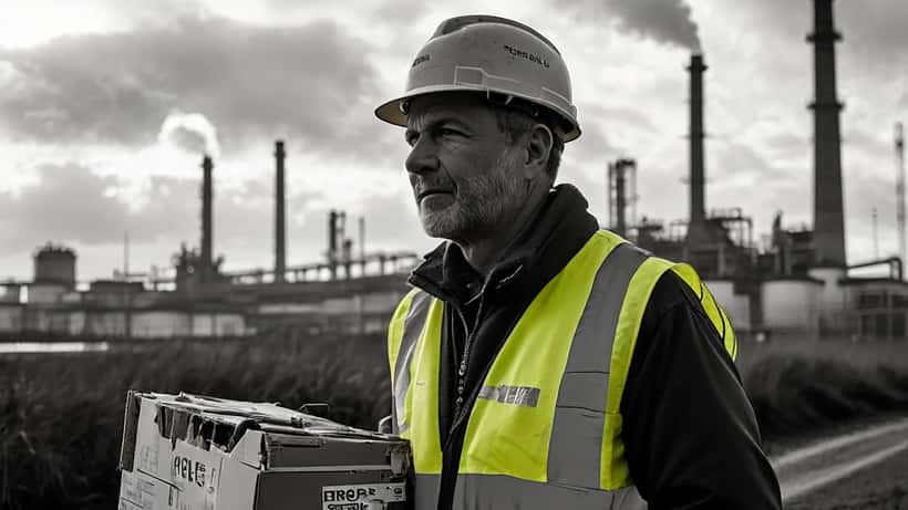 Worker leaving a closed UK oil refinery carrying personal belongings