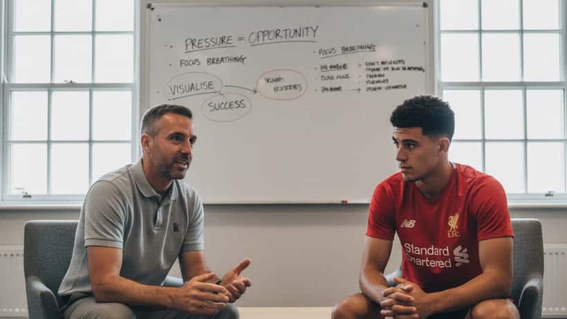 Sports psychologist consulting with a footballer at a British training ground