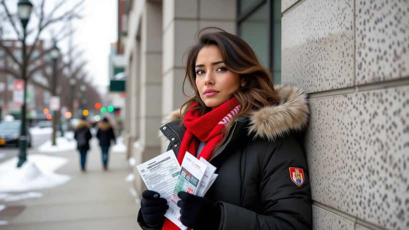 Fan péruvienne tenant des billets de match devant un tribunal à Montréal, foulard rouge péruvien