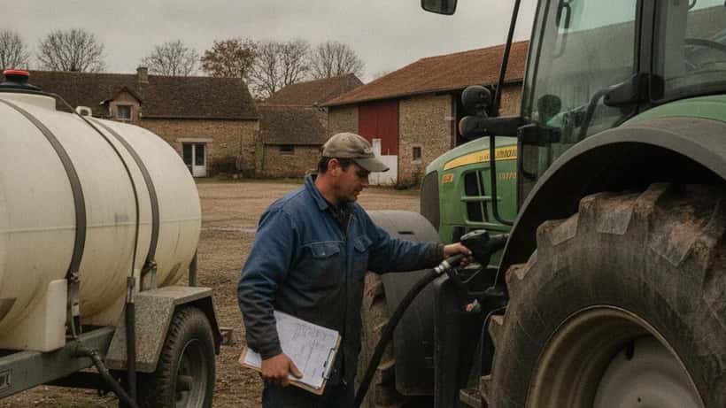 Exploitant agricole ravitaillant un tracteur en gazole non routier