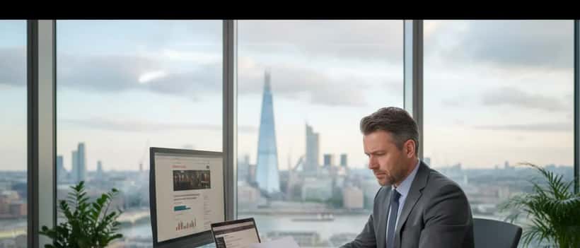 British business professional reviewing contracts and news about Middle East conflict in London office