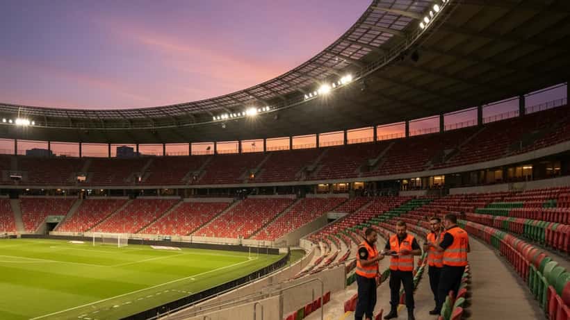 Estádio de futebol vazio ao entardecer com pessoal de emergência nas entradas, atmosfera solene