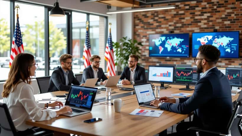 Equipo de consultores políticos analizando datos electorales de 2026 en una oficina moderna con banderas estadounidenses