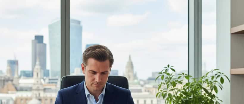 British solicitor reviewing international trade and sanctions compliance documents at office desk
