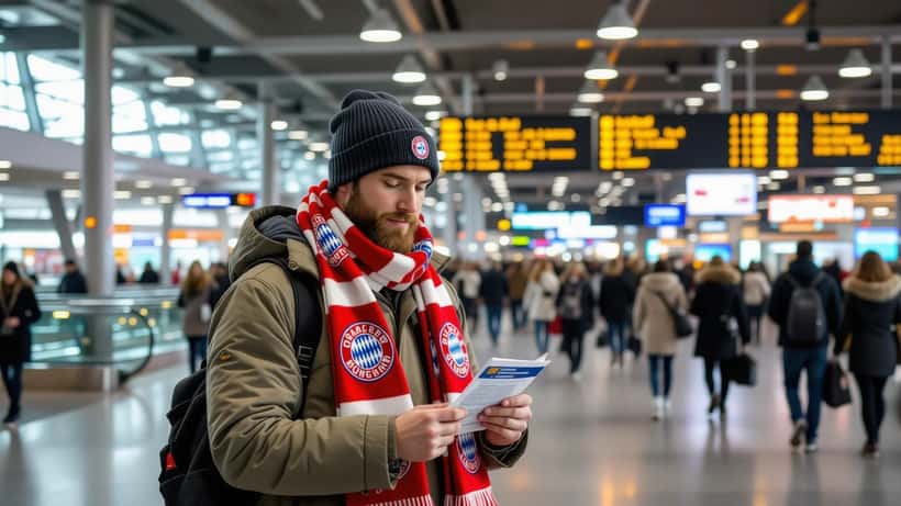 Norsk fotballfan med Bayern München-skjerf på München flyplass med reiseforsikring og EHIC-kort
