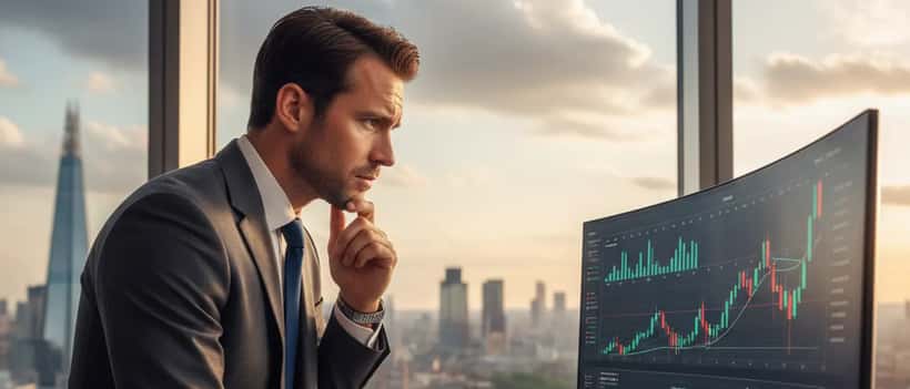 British financial professional reviewing energy market charts with concerned expression in modern city office