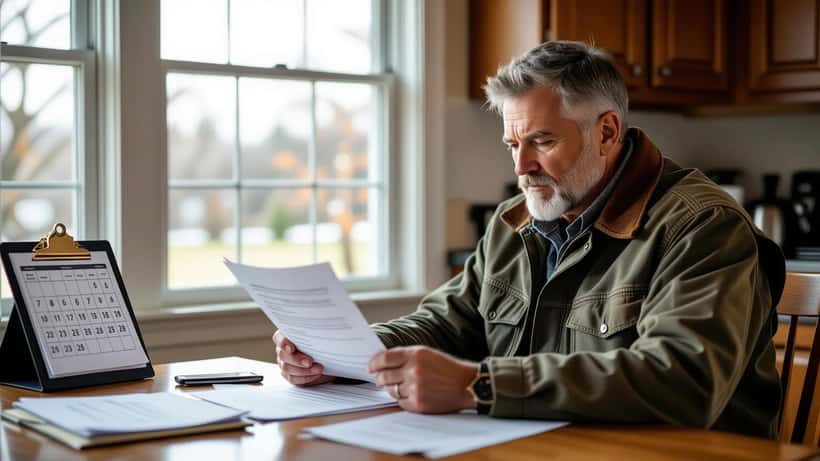 Veteran reviewing a VA disability decision letter at a kitchen table