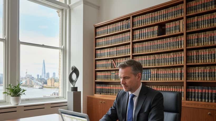 British solicitor reviewing legal documents in a London office