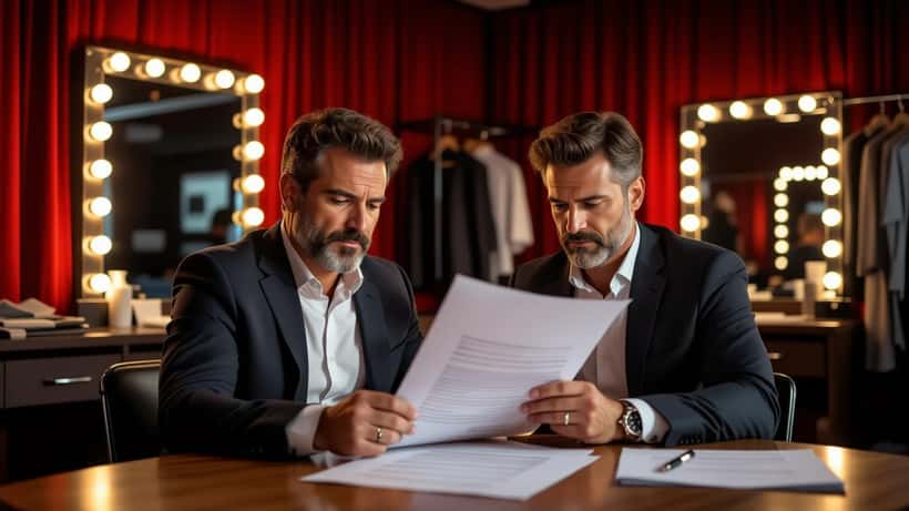 Ator analisando contrato de cessão de direitos autorais em camarim de teatro