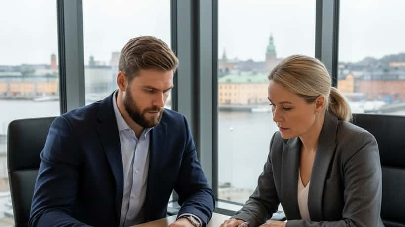 Svensk ishockeyspelare i civila kläder diskuterar karriärekonomi med finansrådgivare i Stockholm