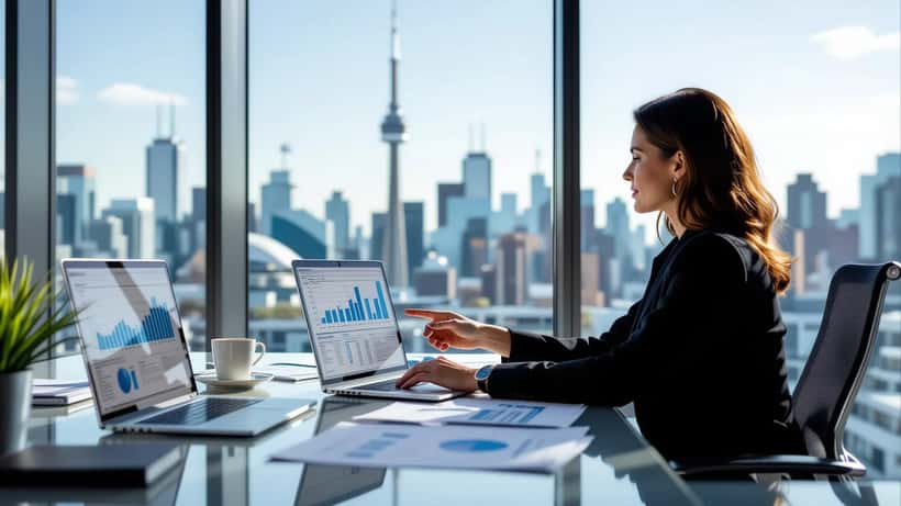 Canadian wealth advisor reviewing investment portfolio charts at a downtown Toronto office desk