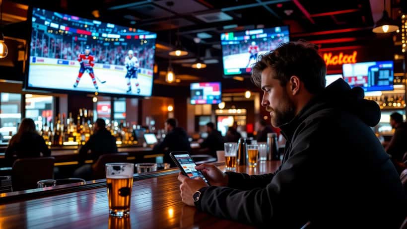 Man in Canadian sports bar checking sportsbook betting slip on smartphone with NHL hockey game on TV screens