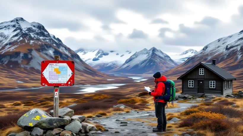 Rødt DNT T-merke på en varde på Hardangervidda med en stengt fjellhytte i bakgrunnen