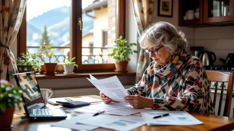 Anziana italiana esamina documenti INPS e moduli per l'assegno sociale 2027 sul tavolo di cucina