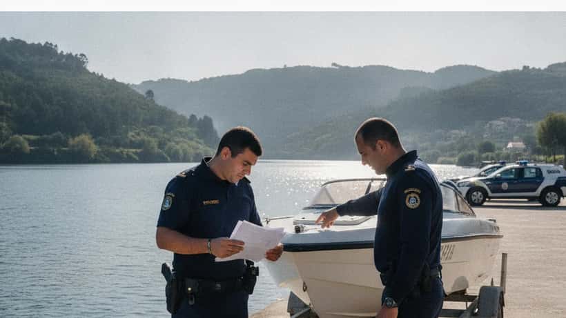 Polícia Marítima examina lancha rápida apreendida no rio Minho, Portugal, 2026