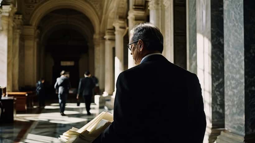 Advogado português analisando documentos judiciais num corredor de tribunal em Lisboa