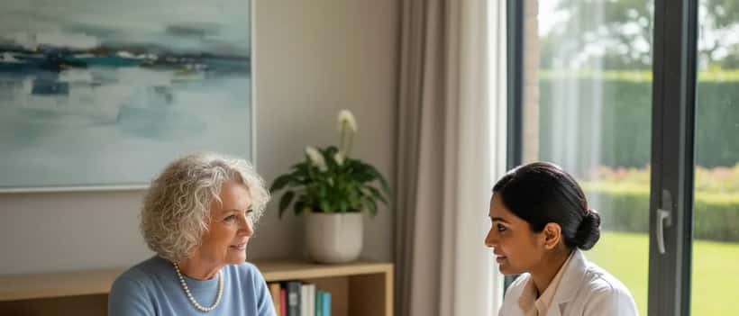 Older British woman in consultation with a doctor in a private clinic, natural light