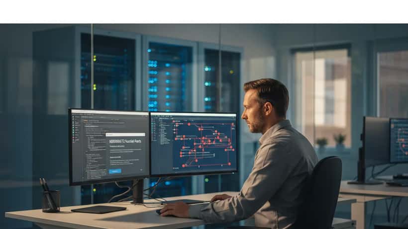 IT-Spezialist in Hamburg prüft Windows-Update-Sicherheitswarnungen auf Dual-Monitor-Workstation