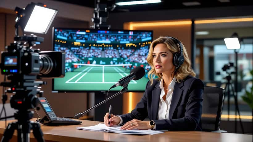 Giornalista sportiva italiana alla postazione di commento tennis in uno studio televisivo milanese