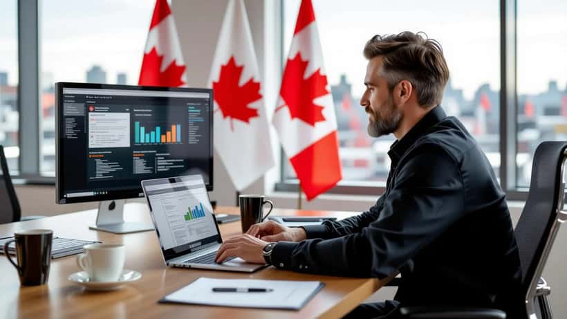 IT manager reviewing GCSP Level III compliance documents at a federal government portal in Ottawa, 2026
