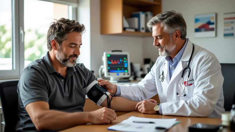 Médico mede a tensão arterial a um homem de 50 anos numa consulta