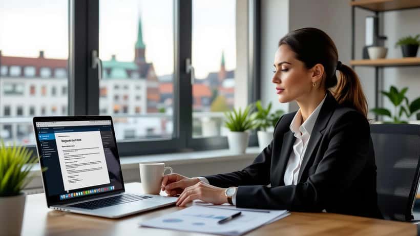 Frau betrachtet automatisierte Absage auf Laptop-Bildschirm im modernen Büro