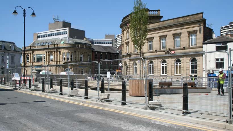 Rochdale town centre street view showing commercial premises and pedestrian areas in Greater Manchester
