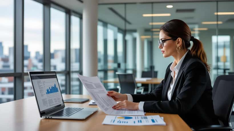 Compliance officer reviewing sanctions screening reports in a London office