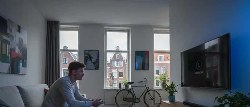 Een gefrustreerde jongeman op een moderne bank houdt een gamecontroller vast terwijl het tv-scherm donker is