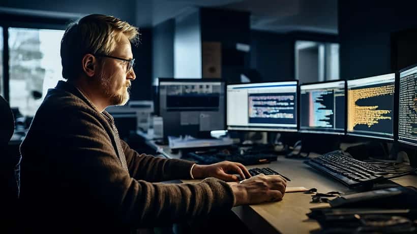Suomalainen varainhoitaja katsoo Bitcoin-kursseja tietokoneen näytöltä toimistossa