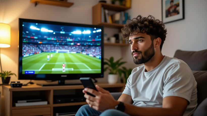 Homem brasileiro assistindo futebol na TV com smartphone na mão em apartamento