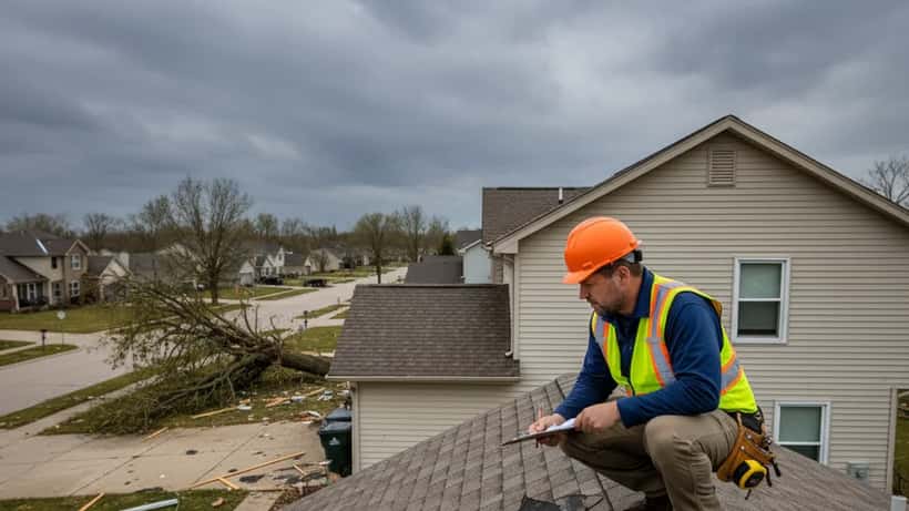 Contractor inspecting roof shingle damage on Iowa home after April 2026 tornado warning