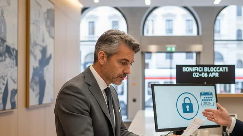 Uomo italiano in una banca a Milano che esamina documenti bancari con espressione seria