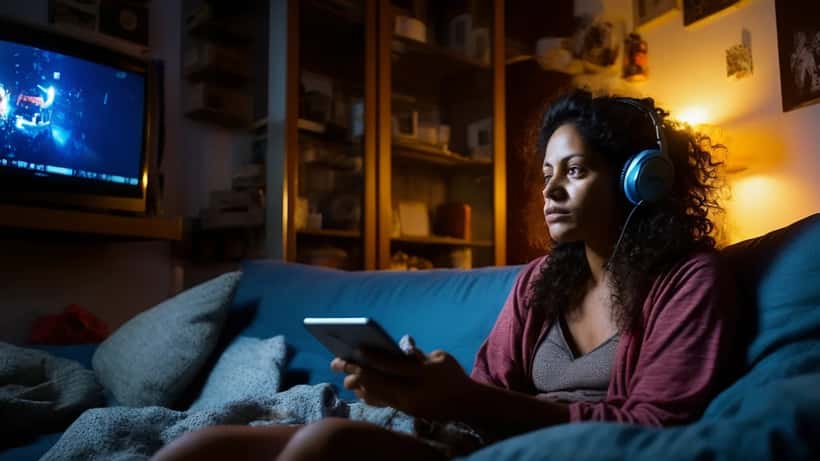 Mulher brasileira exausta no sofá com tela de streaming no celular à noite