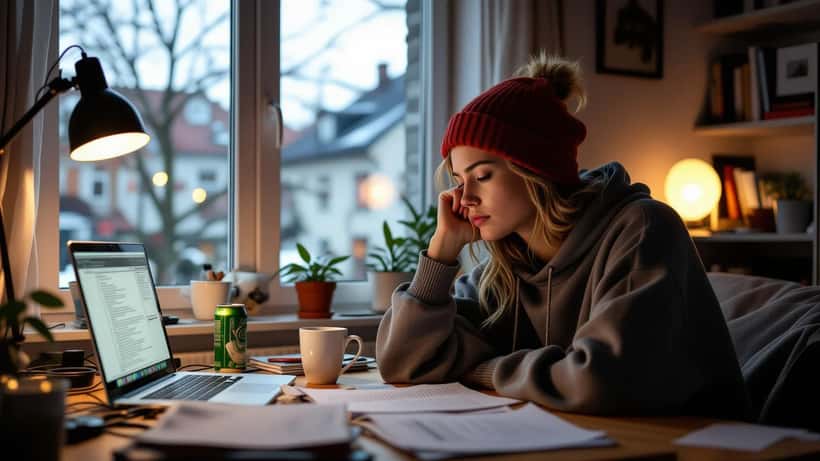 Ung norsk person sliten ved skrivebordet sent på kvelden – illustrasjon av helseproblemer i 20-åra