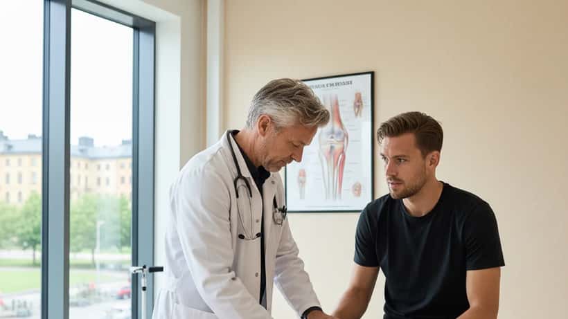 Svensk idrottsläkare undersöker en fotbollsspelares knä i en klinik i Stockholm, inspirerad av Kim Källströms karriär och skadeförebyggande arbete