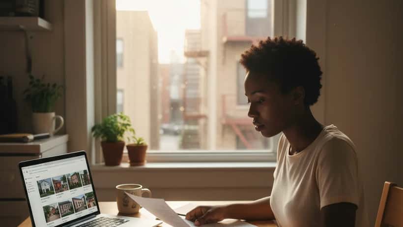First-time buyer reviewing mortgage documents and housing options at home