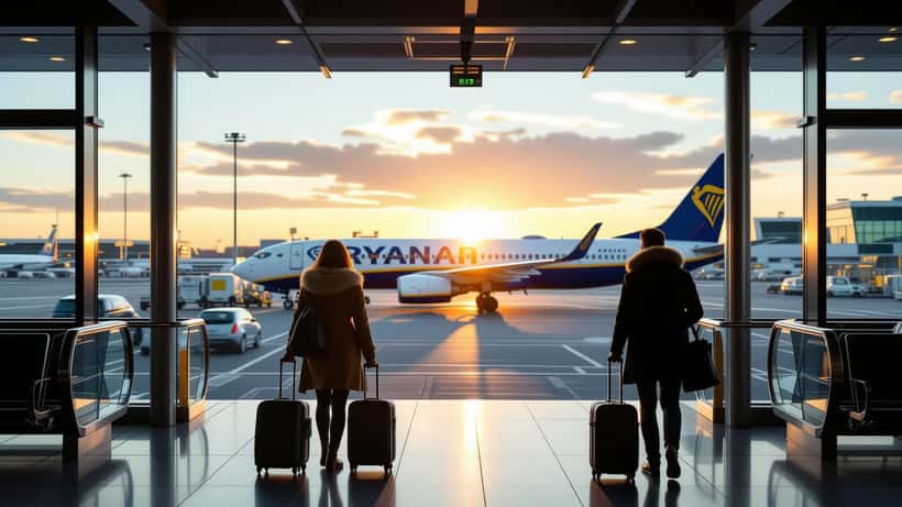 Rejsende med håndbagage ved en lufthavnsgate i Danmark