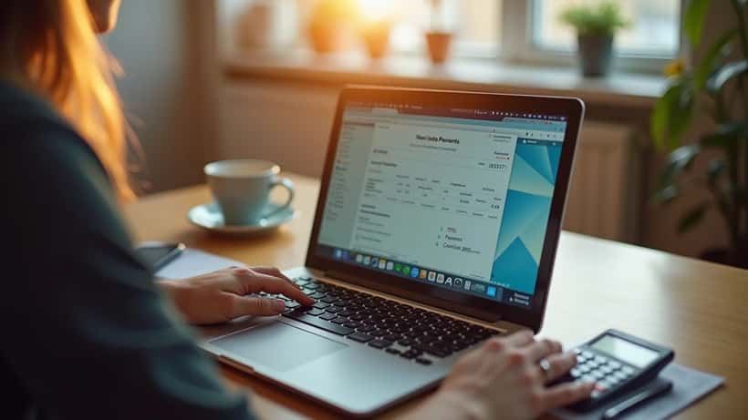 Dansker gennemgår årsopgørelse og skattetilbagebetaling 2026 på laptop ved køkkenbordet