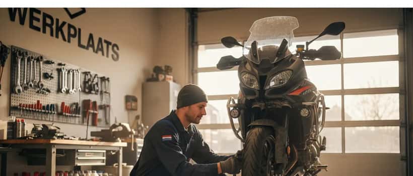 Nederlandse motorfietsmonteur inspecteert band tijdens voorjaarsbeurt in werkplaats