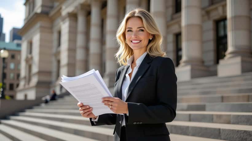 Female solicitor reviewing legal case files on the sandstone steps of a NSW courthouse in Sydney