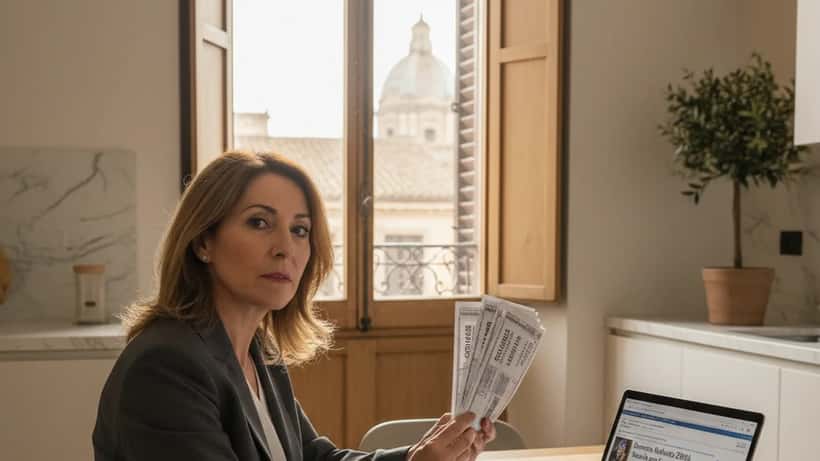 Donna italiana che esamina le bollette energetiche in cucina a Roma