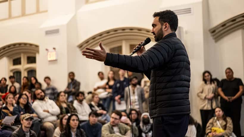 Mayor Zohran Mamdani speaking at a public event in New York City