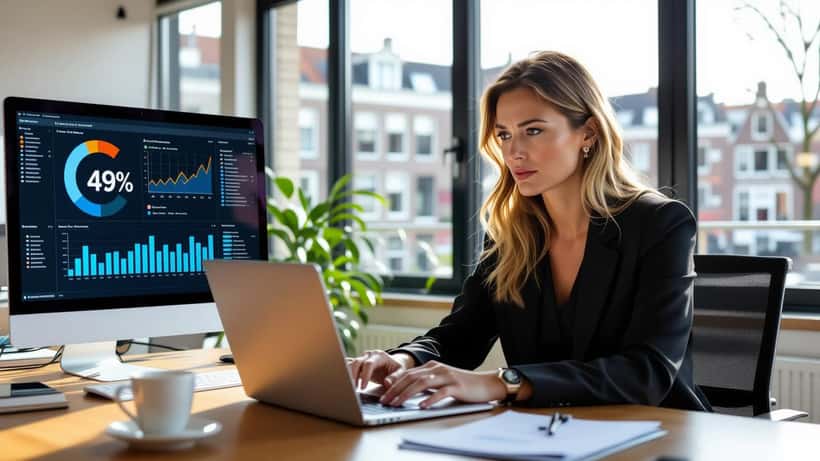 Nederlandse vrouw bekijkt bezorgd AI-analyticsdashboard op laptop in Amsterdam kantoor